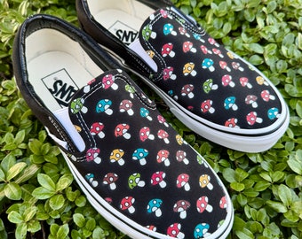 Cute Mushy Mushroom Shoes Custom Vans Black Slip on Shoes Cute - Main Image
