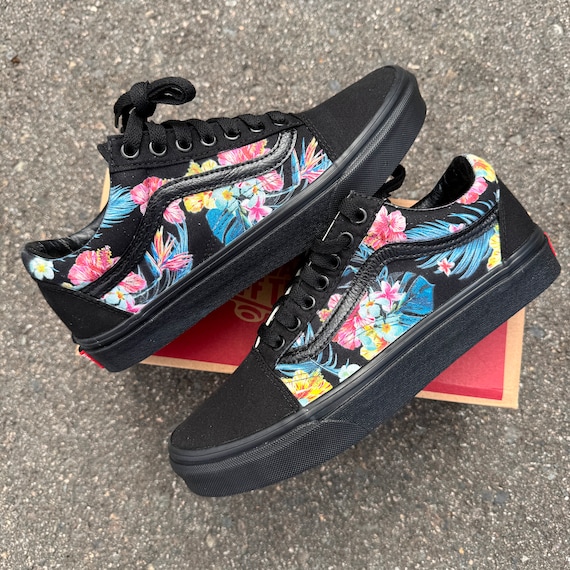 Buy Tropical Floral Pattern on Black black Old Skool Vans Sneakers Men s and Women s Custom Vans Shoes Online in India Etsy