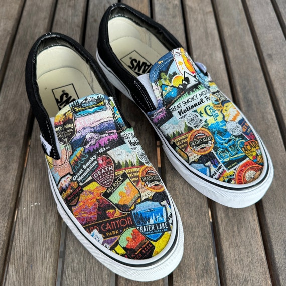 National Park Sticker Combination Custom Vans Black Slip on National Park Gift Nature Lover Hiker Hike Nature State Park Van Life Etsy