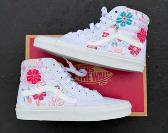 Embroidery Inspired White Vans Sk8 Hi Top Shoes - Custom Vans Shoes for Women and Men