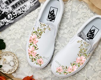 Pink Peach Light Green Flower - Wedding Custom Slip On Vans Bridal Shoes Wedding Sneakers Wedding Shoes for Bride Brides Maids Maid of Honor