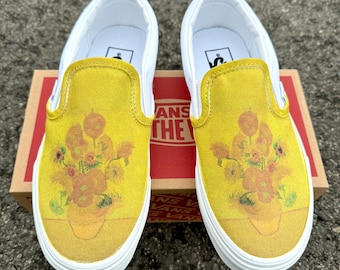 Zapatos Vans sin cordones blancos personalizados con pintura de girasoles de Vincent Van Gogh para hombres y mujeres