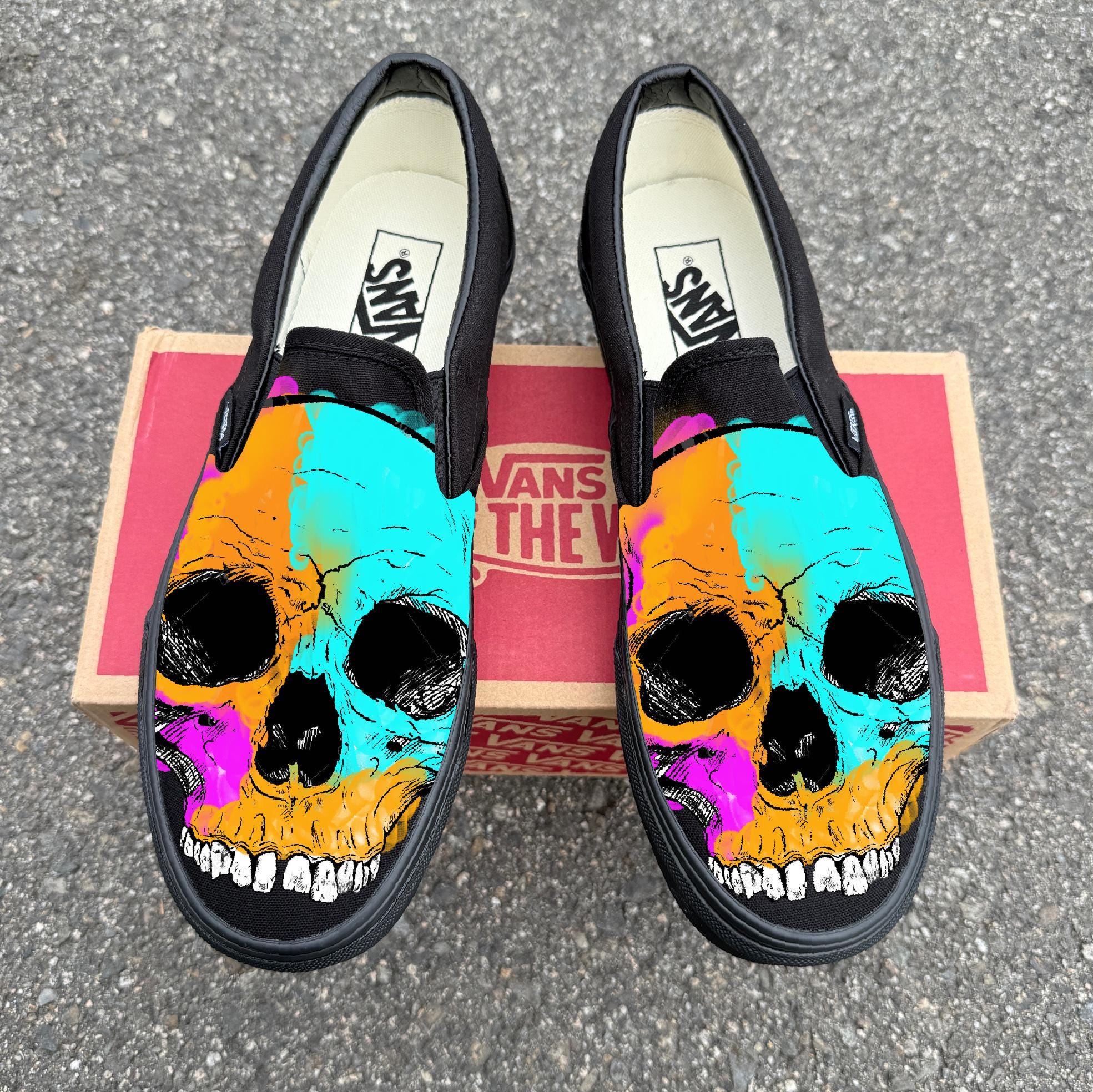 Colorful Skull on Black/black Vans Slip on Shoes Customized 