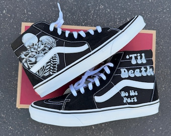 Wedding 'Til Death Do US Part Skeleton Embrace Wedding Vans Sk8-Hi Lace Up Shoes - Men's and Women's Custom Vans Sneakers