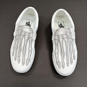 Skeleton Boney Feet Custom White Vans Slip On Shoes image 3