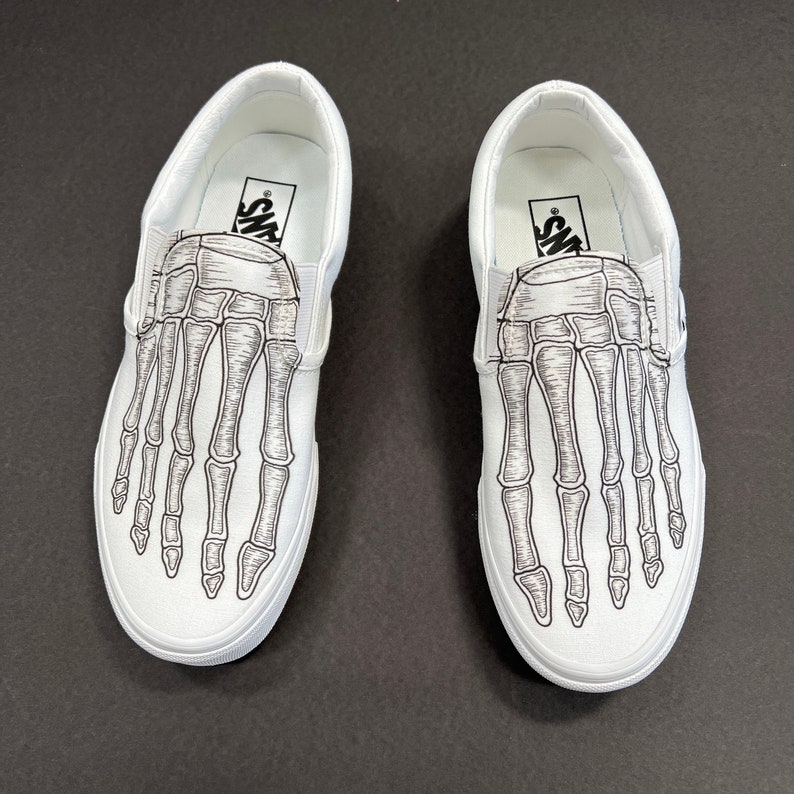 Skeleton Boney Feet Custom White Vans Slip On Shoes image 3