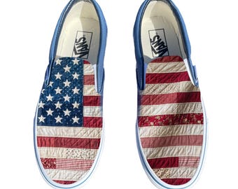 Quilt Style Print  American Flag USA Flag Custom Slip On Vans Shoes For Men and Women