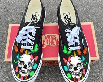 Skulls on Vans Authentic Shoes with Butterflies - Custom Sneakers for Both Men and Women