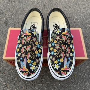 Embroidery Inspired Black Vans Slip On Shoes - Custom Vans Shoes for Men and Women