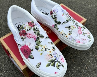 Red Pink and White Rose Floral on Custom Slip On Vans Shoes - Women's and Men's Custom Vans Sneakers