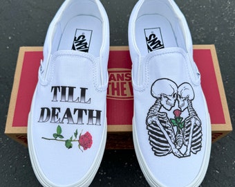 Till Death Kissing Skeletons Wedding Vans Slip On Shoes - Men's and Women's Custom Vans Sneakers