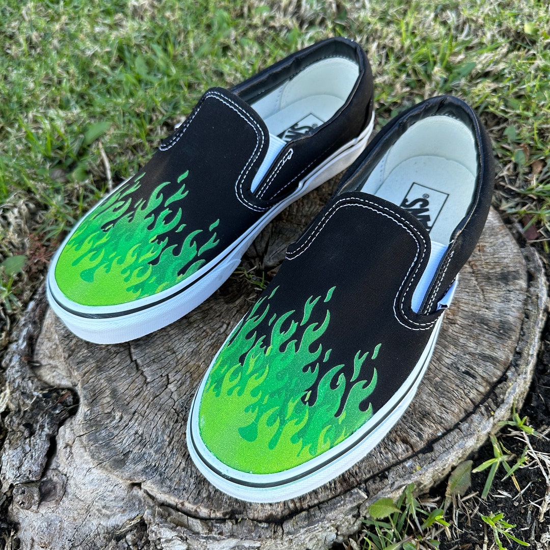 Hot Green Flame Shoes - Custom Vans Black Slip Forest Green Hot Green Flame Shoes - Custom Vans Black Slip Forest Green