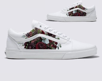 Burgundy Dahlia Floral Boquet Vans Old Skool Shoes – Wedding Custom Sneakers