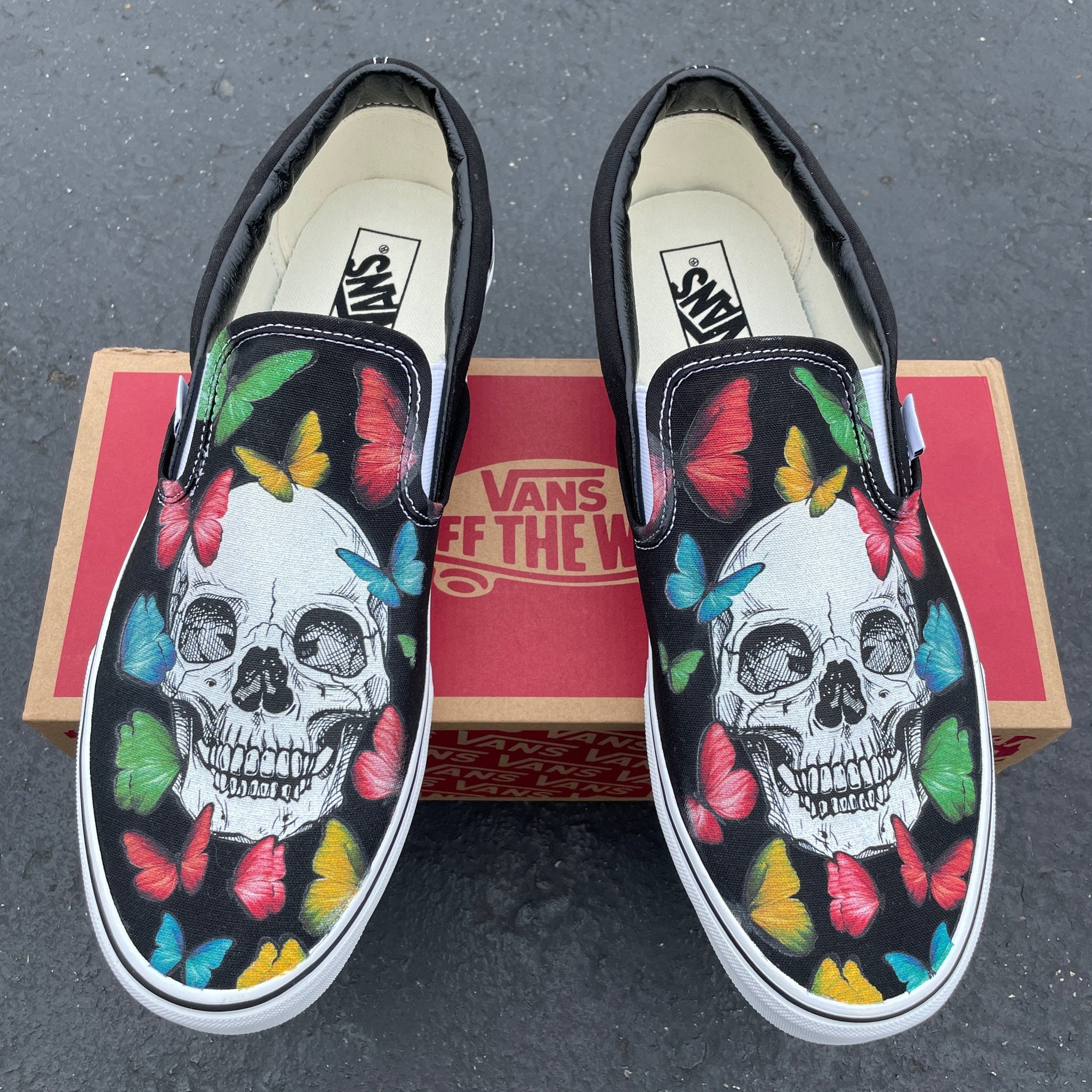 Skulls on Vans Slip on Shoes With Butterflies Custom Shoes for