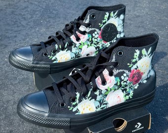 Whimsical Roses on Black/Black High Top Converse Shoes - Men's and Women's Custom Tie Lace Up Sneakers