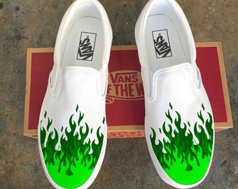 Hot Green Flame Shoes - Custom Vans White Slip Forest Green Neon Green Fire Hot Flames Hot Cheetos Flaming Hot Cheetos Shego Buttercup