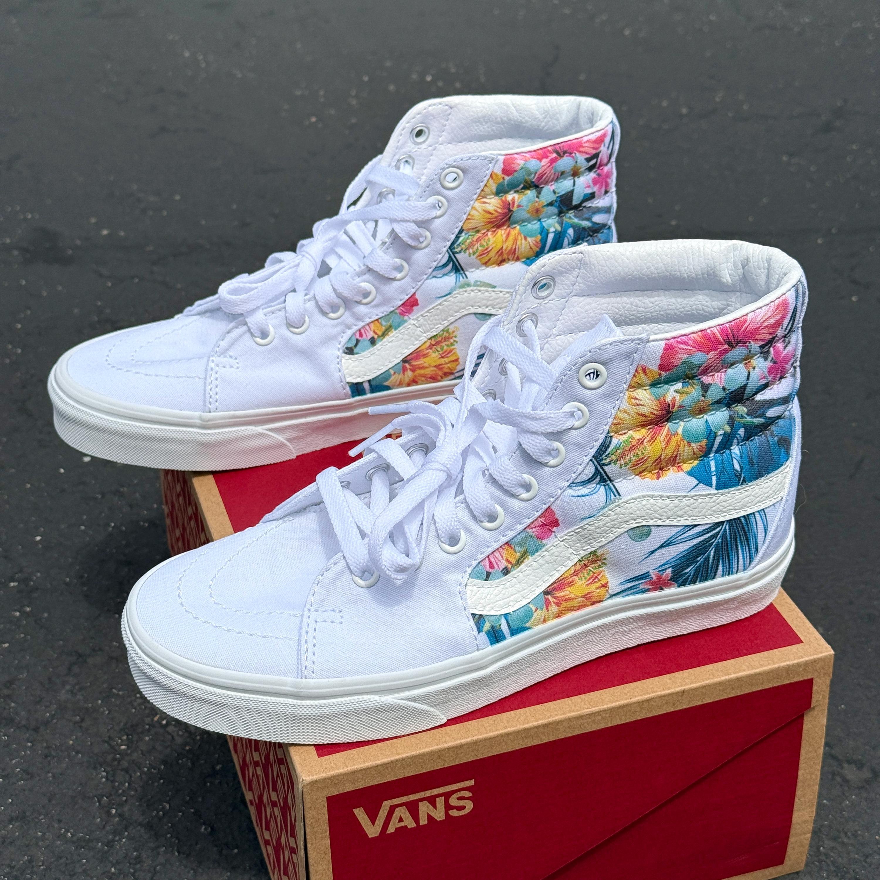 Tropical Floral Pattern on White Vans Sk8 - Hi Top Sneakers