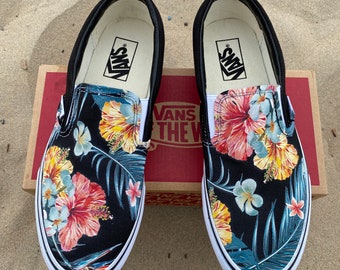 Tropical Floral Pattern on Black Vans Slip On Shoes - Men's and Women's Custom Vans Sneakers