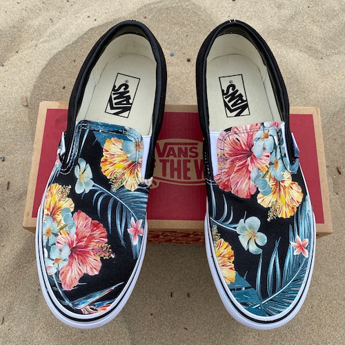 Tropical Floral Pattern on Black Vans Slip on Shoes - Men's and Women's Custom Vans Sneakers