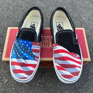 Black Slip On Vans Shoes for Men and Women Featuring American Flag Made In USA