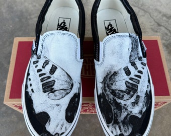 Skull and Butterfly Black Vans Slip On Shoes - Custom Vans Shoes for Women and Men