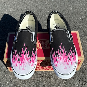 Hot Pink Flame Shoes Custom Vans Black Slip on Pink Hot Pink Pastel ...