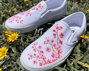 Cherry Blossoms White Vans Slip On Shoes - Men's and Women's Custom Vans Sneakers