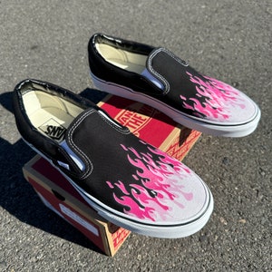 Hot Pink Flame Shoes Custom Vans Black Slip on Pink Hot Pink Pastel ...