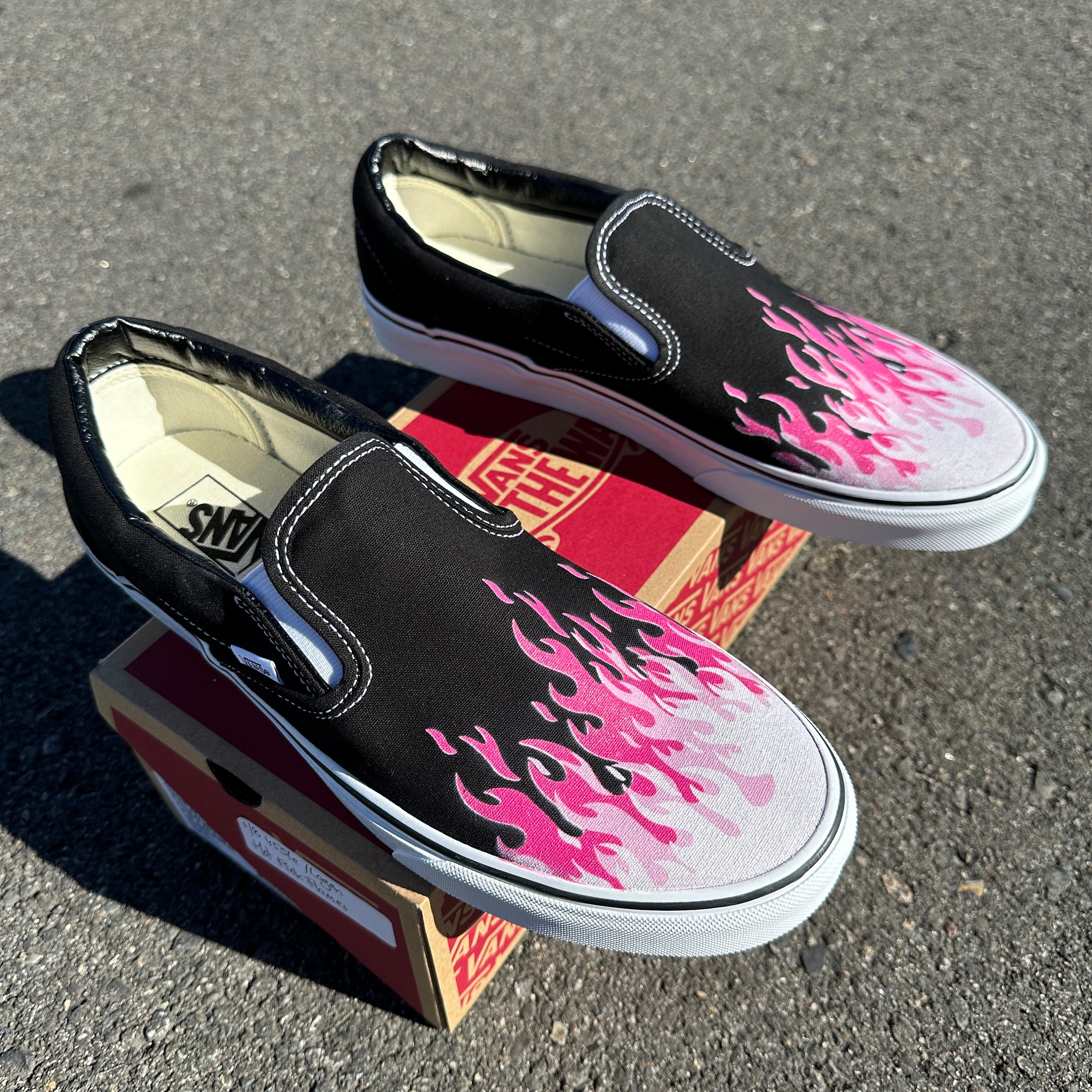 Hot Flame Shoes - Custom Vans Black Slip On Shoes