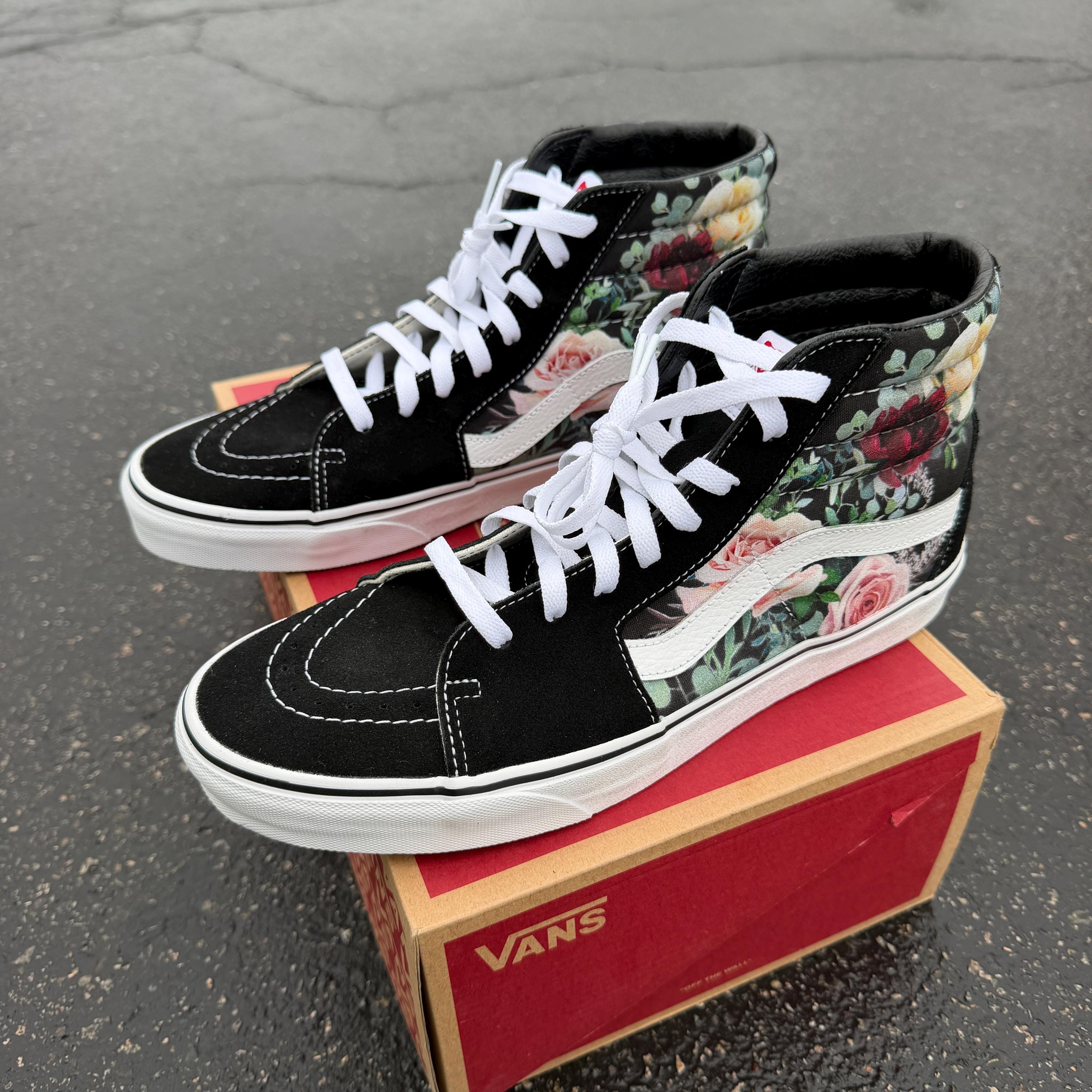 Whimsical Roses on Black Sk8-hi Vans Shoes - Women display picture 1
