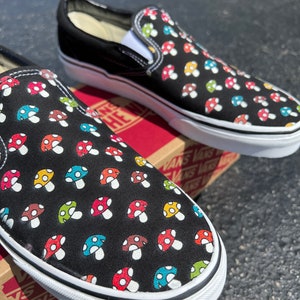 Cute Mushy Mushroom Shoes - Custom Vans Black Slip On Shoes cute kawaii mushroom autumn fall color Indie magic mushroom magical forest