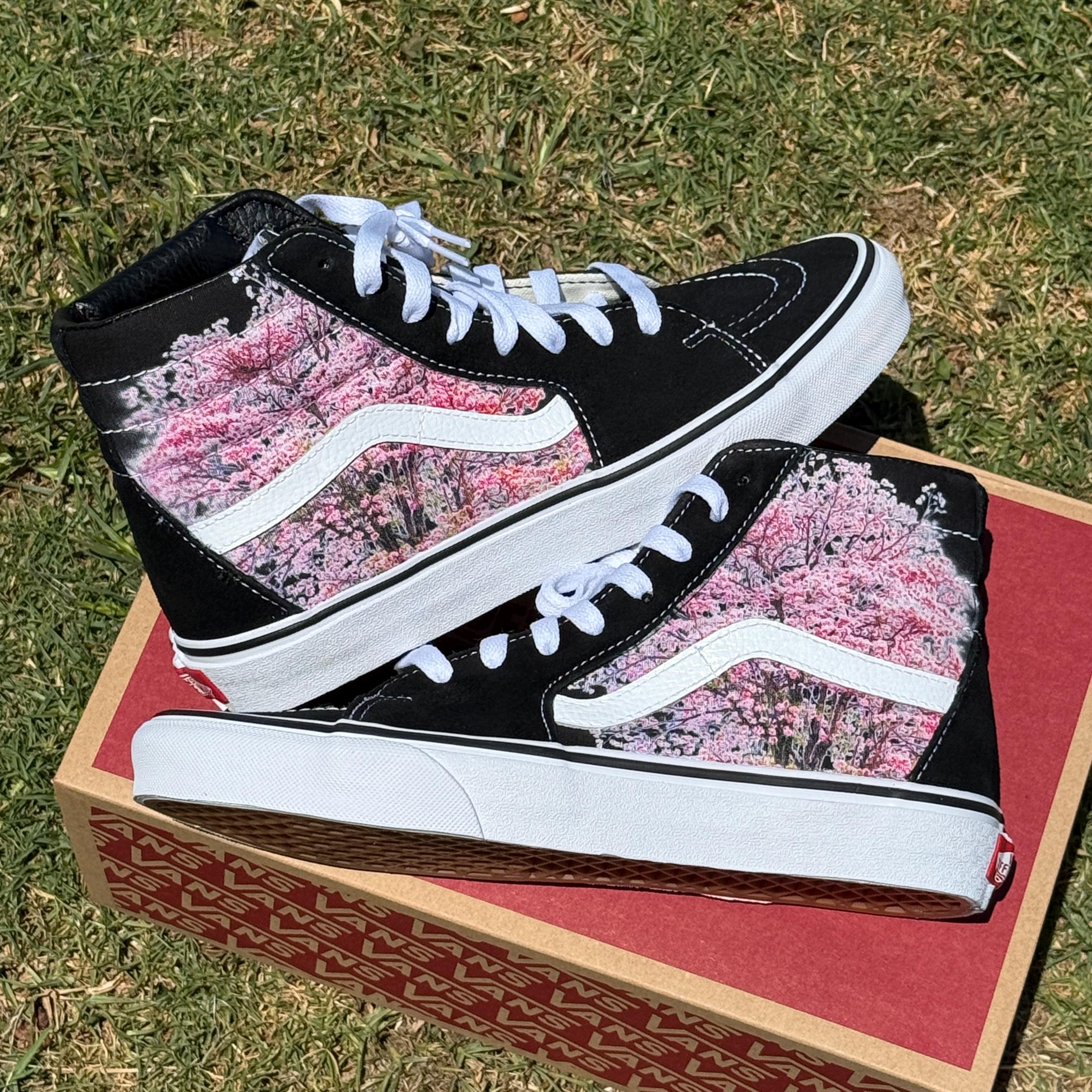 Cherry Blossom Custom Black Sk8 Hi Top Vans - Men