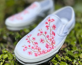 Cherry Blossoms White Vans Slip on Shoes Men s and Women s Custom Vans Sneakers Etsy UK