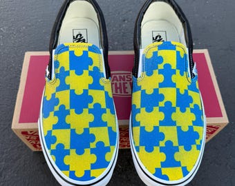 Custom Vans Shoes Puzzle Blue and Yellow Pieces Down Syndrome Awareness Slip On Shoes for Women and Men