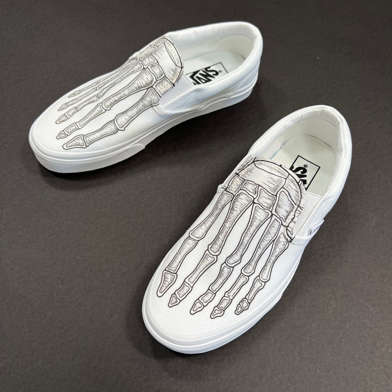 Skeleton Boney Feet Custom White Vans Slip On Shoes image 4