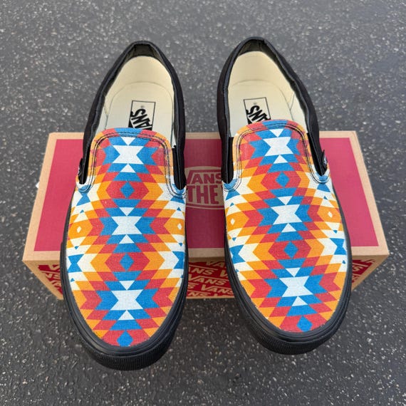 Orange and Blue Native American Inspired Tribal Pattern On Vans Slip On Shoes Southwest Pattern Customized Sneakers Orange and Blue Native American Inspired Tribal Pattern On Vans Slip On Shoes Southwest Pattern Customized Sneakers