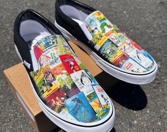 Elementary School Reading Custom Black Slip On Shoes with Favorite Books on BLVD Original Slip On Shoes for Men and Women
