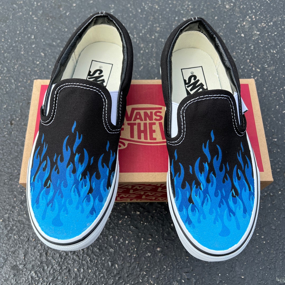 Hot Blue Flame Shoes Custom Vans Black Slip on Dark Blue Neon Blue ...