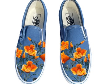 Orange Poppy Flower Spring Floral - Navy Slip On Vans for Men and Women