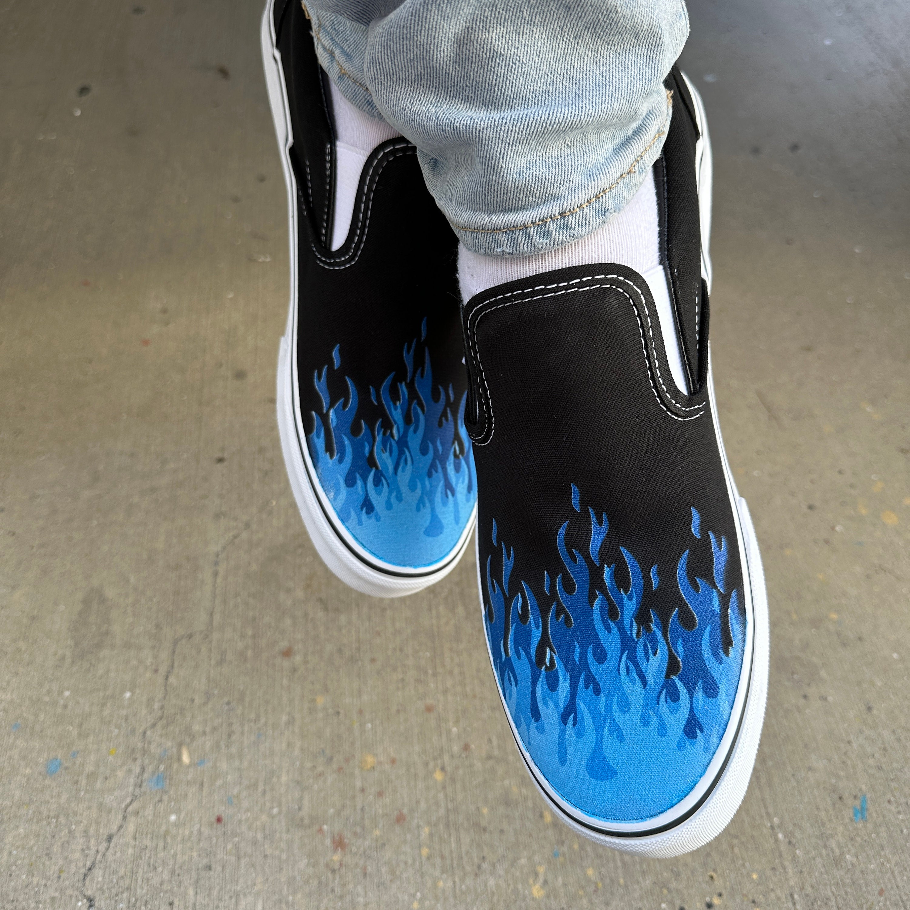 Hot Blue Flame Shoes - Custom Vans Black Slip On Shoes