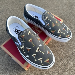 Party Time Custom Slip On Charcoal Vans - Martini Party - Martini Drink Glass Pattern