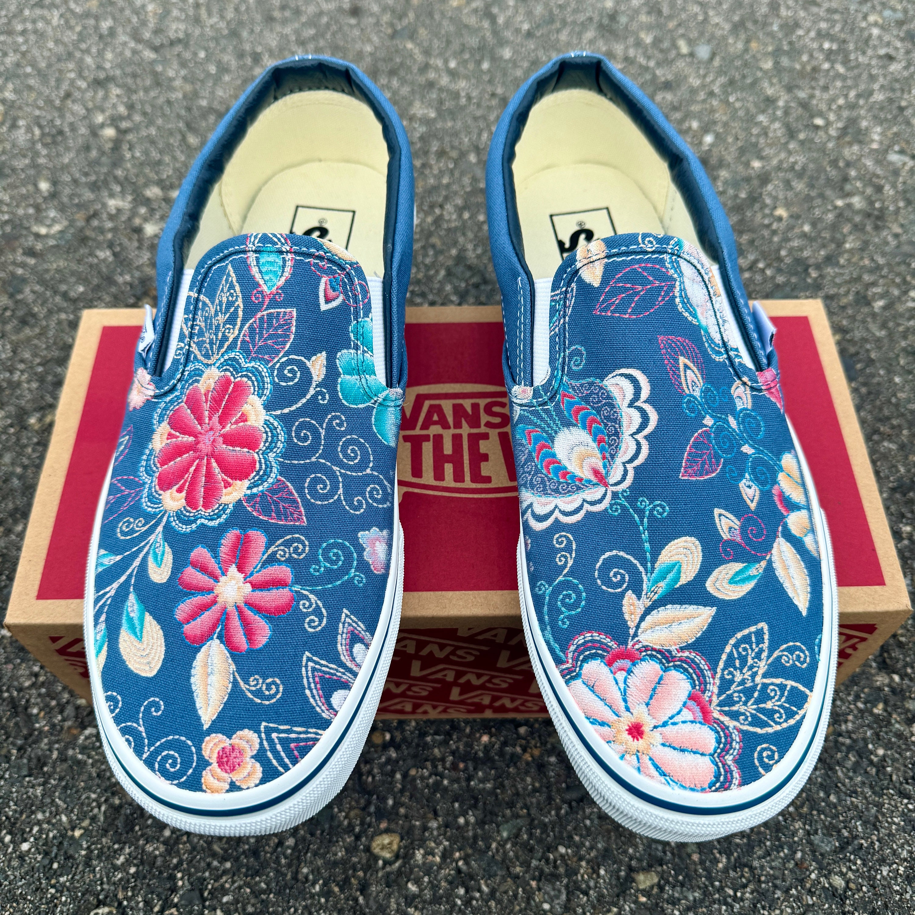 Blue and pink vans slip ons hot sale