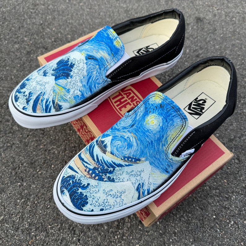 starry night and great wave custom vans slip on shoes for men and women unisex