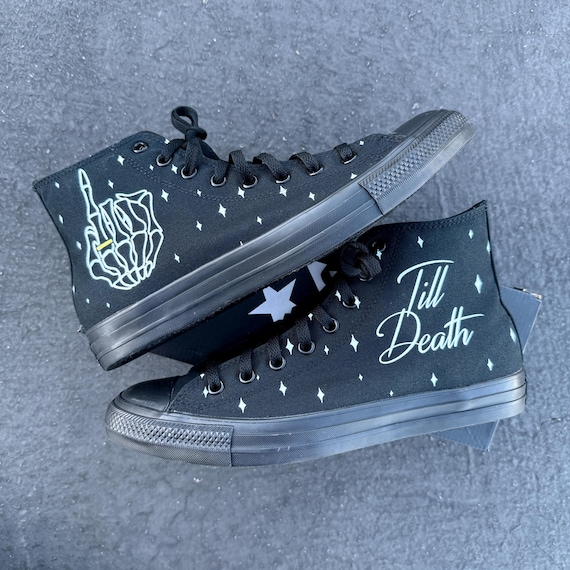 Till Death Ring Finger - Black/Black Wedding Converse Chuck Taylor High Top Shoes - Customized Sneakers for Women and Men Bride and Groom