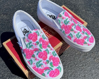 Hot Pink Flamingos and Roses - Custom Vans White Slip On Shoes