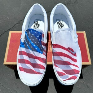 American Flag Red White Blue USA Custom White Slip On Vans