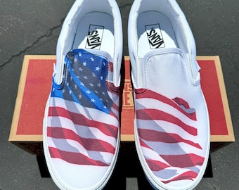 American Flag Red White Blue USA Custom White Slip On Vans