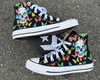 Skulls on High Top Converse shoes with Butterflies - Custom Sneakers for Both Men and Women