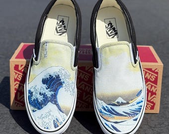 The Great Wave Off Kanagawa Custom Black Slip On Vans - Men's and Women's Shoes