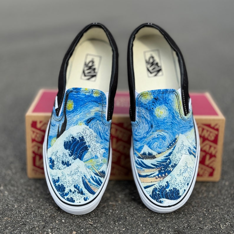 starry night and great wave custom vans slip on shoes for men and women unisex